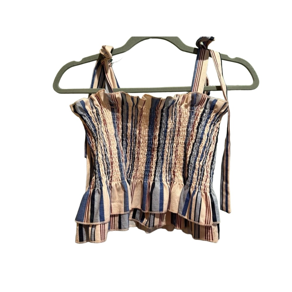 Women’s‎ Size M Striped Crop Top Tie Straps Smocked Ruffled Hem Summer Chic